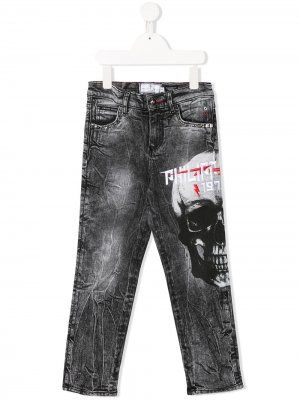 Прямые джинсы с логотипом и принтом Skull Philipp Plein Junior. Цвет: серый
