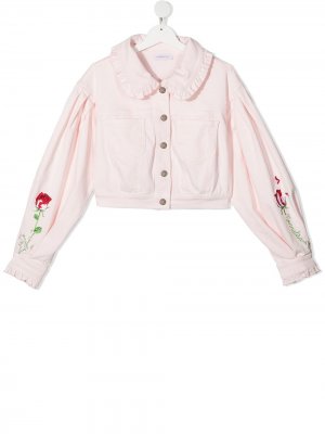 Куртка с оборками и цветочной вышивкой Monnalisa. Цвет: розовый