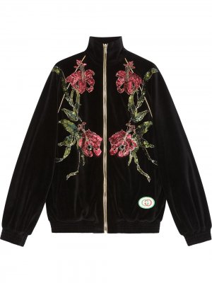 Куртка из шенилла с цветочными нашивками Gucci. Цвет: черный