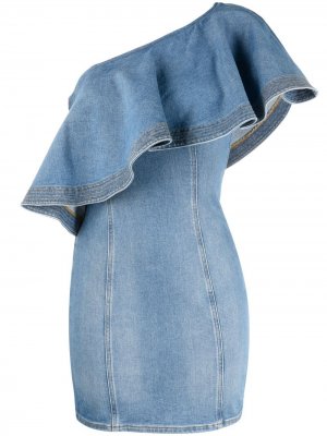 Джинсовое платье мини на одно плечо Elisabetta Franchi. Цвет: синий