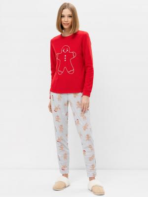 Флисовая пижама (лонгслив и брюки) с новогодним дизайном Mark Formelle. Цвет: вишневый +печенье на сером