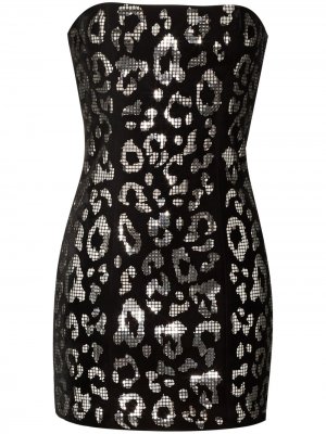 Платье мини с леопардовым принтом и вырезом бандо Balmain. Цвет: черный