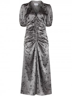 Платье миди с V-образным вырезом и цветочным принтом GANNI. Цвет: серый