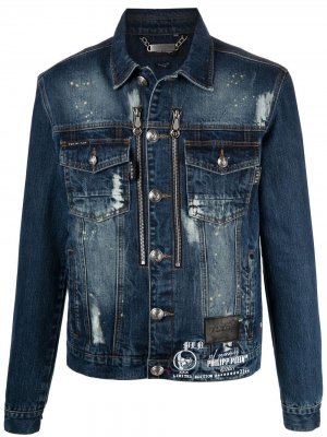 Джинсовая куртка с вышивкой Philipp Plein. Цвет: синий