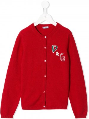Кашемировый кардиган тонкой вязки с аппликацией-логотипом Dolce & Gabbana Kids. Цвет: красный