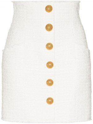 Твидовая мини-юбка с завышенной талией Balmain. Цвет: белый