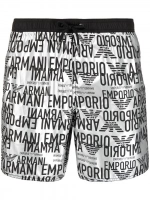 Плавки-шорты с кулиской и графичным принтом Emporio Armani. Цвет: серый