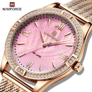 NAVIFORCE женские часы NF5028 Роскошные простые наручные в стиле розового золота с ремешком из нержавеющей стали
