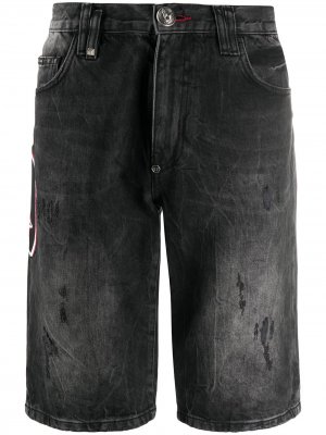 Джинсовые шорты с декором Skull Philipp Plein. Цвет: черный