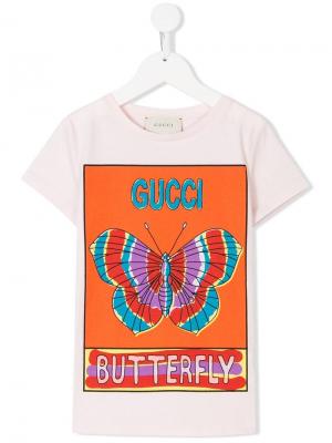 Футболка с изображением открытки бабочкой Gucci Kids. Цвет: розовый