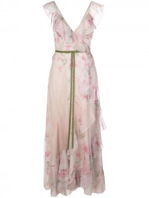 Длинное платье с оборками и цветочным принтом Marchesa Notte. Цвет: розовый