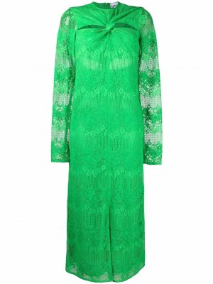 Кружевное платье миди с длинными рукавами GANNI. Цвет: зеленый