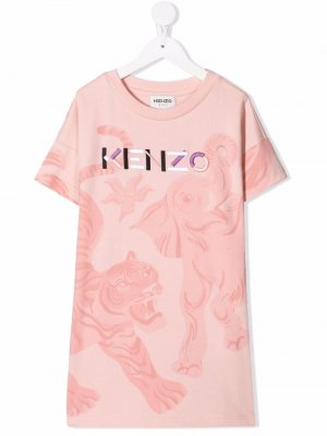 Платье-футболка с вышитым логотипом Kenzo Kids. Цвет: розовый