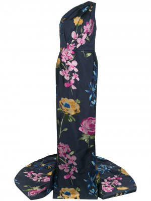 Вечернее платье на одно плечо с цветочной вышивкой Marchesa. Цвет: синий