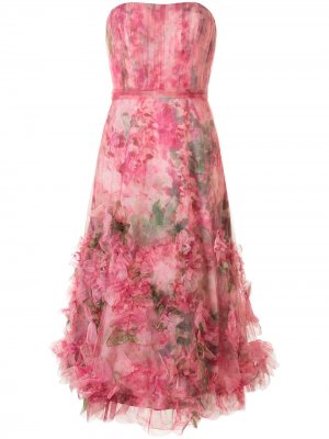 Вечернее платье с цветочным принтом и оборками Marchesa Notte. Цвет: розовый