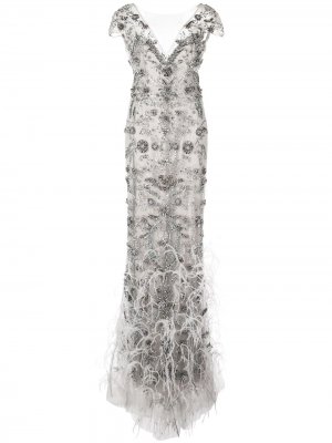 Вечернее платье с бахромой из перьев Marchesa. Цвет: серый